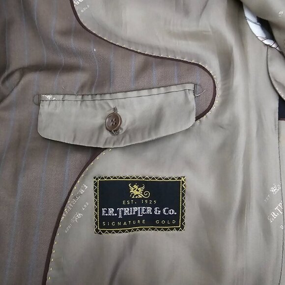 FR Tripler & Co Signature Gold Italian Lux Wool Cashmere Pinstripe Suit Jacket - Picture 4 of 14